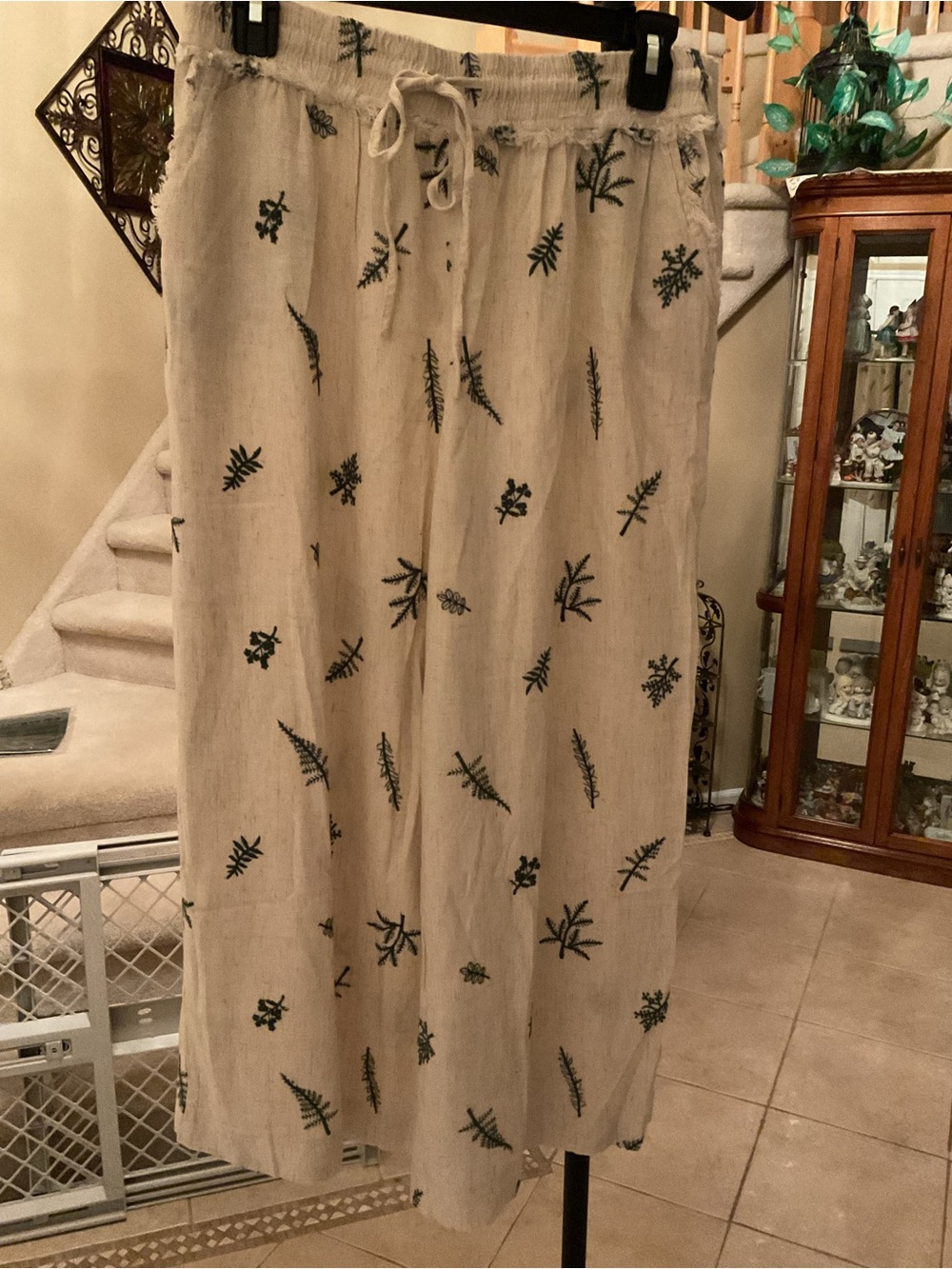 Umgee Natural Wide-Leg Linen Jumpsuit with Green Embroidered Botanicals